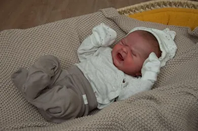 Imagem de um bebê reborn menino chorando.